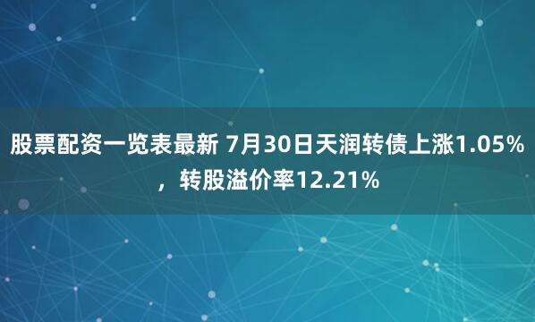 股票配资一览表最新 7月30日天润转债上涨1.05%，转股溢价率12.21%